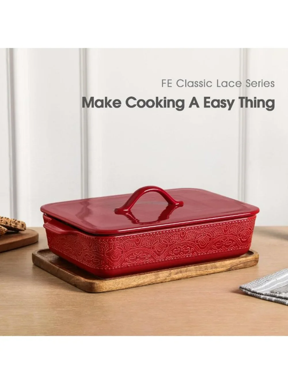 Ceramic Casserole Dish with Lid - 9x13 Rectangular Bakeware for Oven